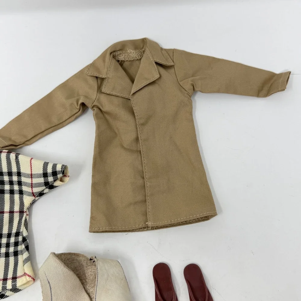 Barbie Size Doll Clothes Lot 5pc Beige Trench Coat Plaid Shirt Vest Shoes Y2K